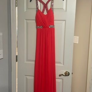 Size one city triangles, coral colored beaded prom gown